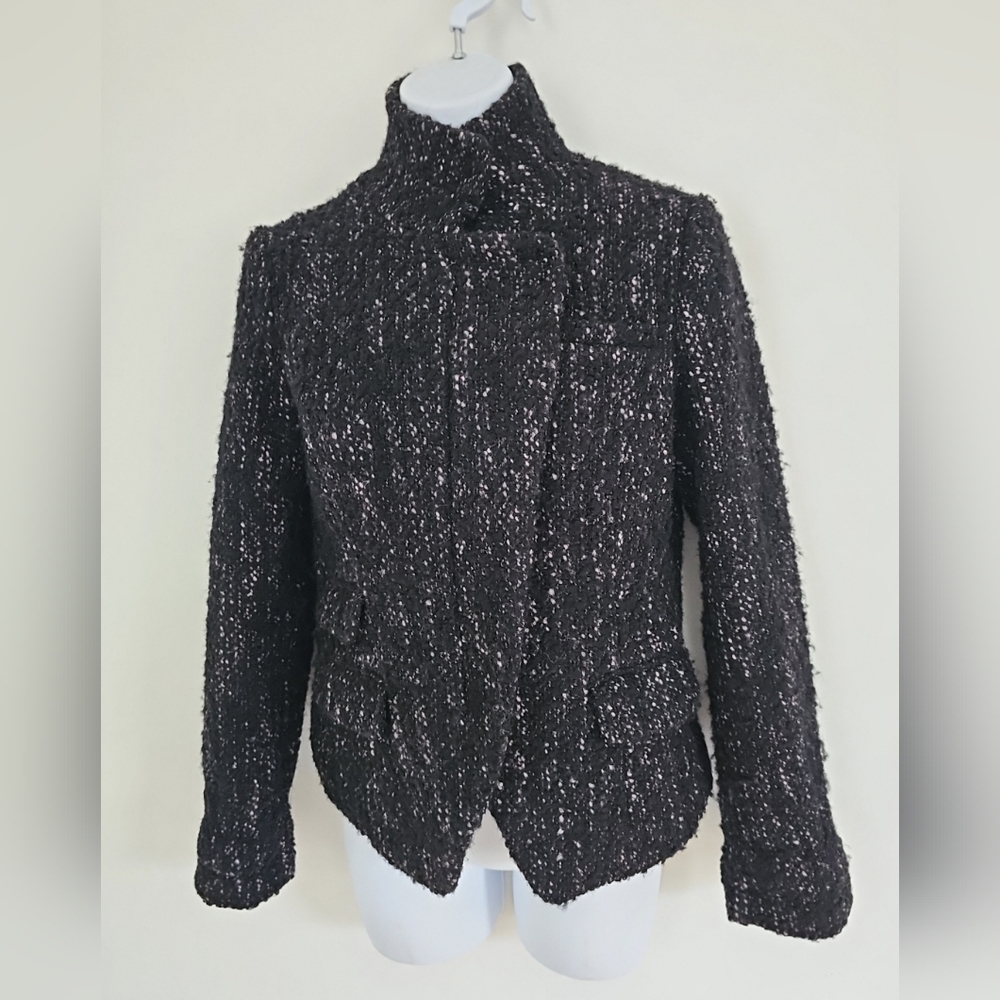 Banana Republic Women's Boucle Black Tweed MOTO Jacket Size 2 Mock Snap Neck